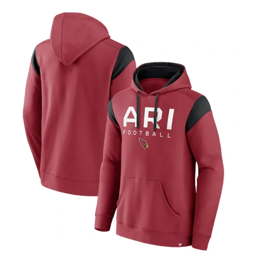 Red and black hoodie with \“ARI FOOTBALL\“ and a cardinal logo on the front, featuring black shoulder accents and a front pocket.