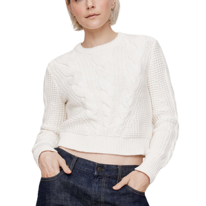 A white, long-sleeve cable-knit sweater featuring a textured pattern with a ribbed crew neck and hem.