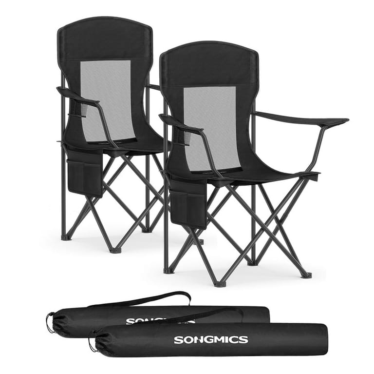 2-pack of foldable camping chairs featuring a black and gray design, each with armrests, a side pocket, and a carry bag for easy transport.