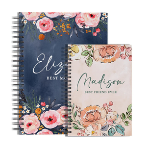 Two spiral-bound notebooks with floral patterns, one with \“Elizabeth Best Mom\“ in pink and dark blue tones, and the other with \“Madison Best Friend Ever\“ in pastel colors.