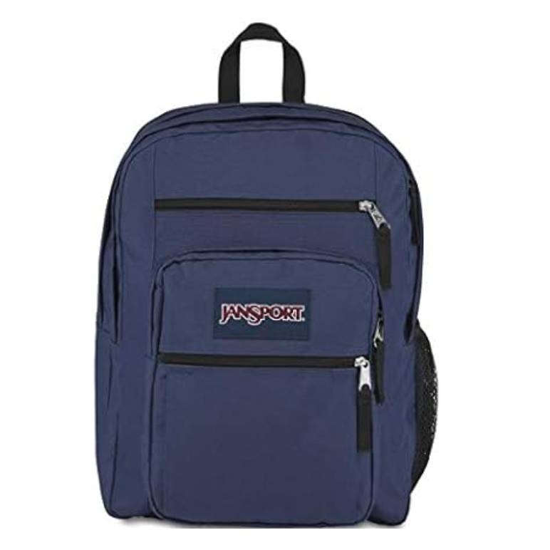 A navy blue JanSport backpack with multiple zippered compartments and a side mesh pocket.