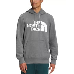 A man is wearing a gray hoodie with \“THE NORTH FACE\“ logo on the chest, featuring a front pocket and drawstring hood.
