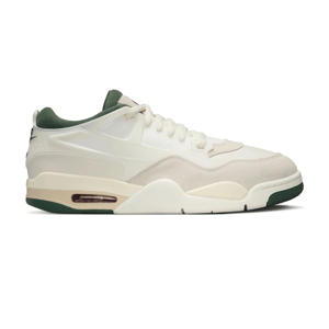 Low-top sneaker featuring a cream and white color scheme with green accents, suede overlays, and a visible air unit in the midsole.