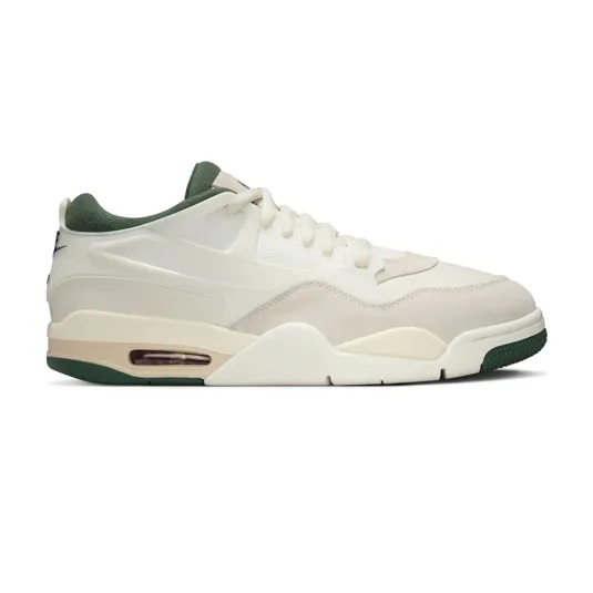 Low-top sneaker featuring a cream and white color scheme with green accents, suede overlays, and a visible air unit in the midsole.