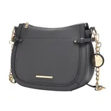 A gray textured leather handbag with gold-tone hardware and chain accents, featuring a circular tag that reads \“MILA K. COLLECTION.\“