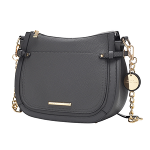 A gray textured leather handbag with gold-tone hardware and chain accents, featuring a circular tag that reads \“MILA K. COLLECTION.\“