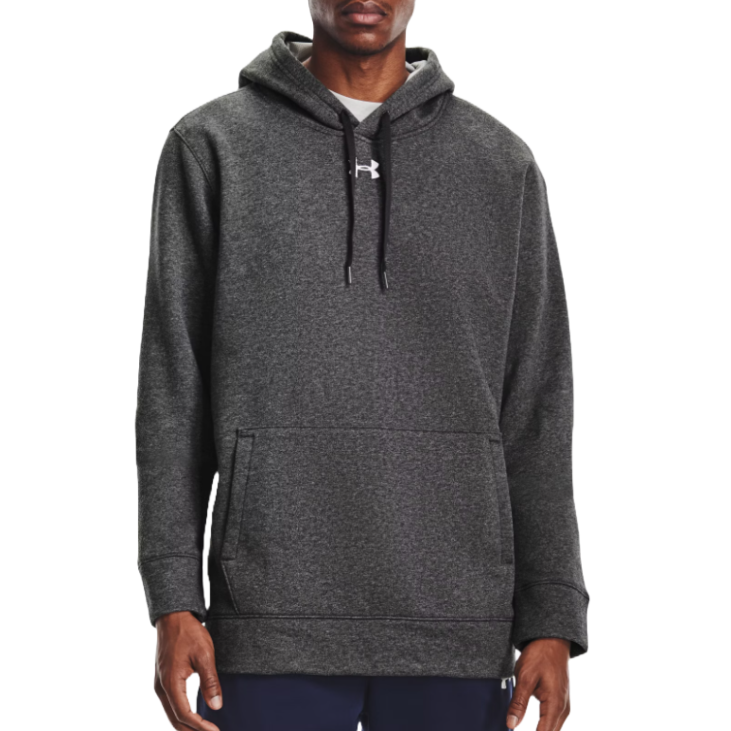 A dark gray hooded sweatshirt with a kangaroo pocket, featuring a small white logo on the chest and black drawstrings.