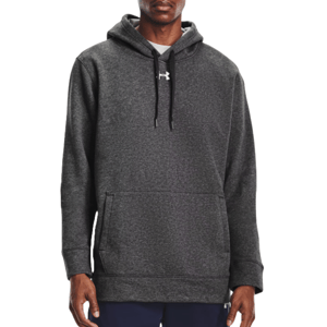 A dark gray hooded sweatshirt with a kangaroo pocket, featuring a small white logo on the chest and black drawstrings.