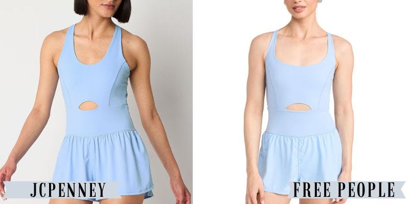 A light blue active romper from JCPenney besides a similar light blue active romper from Free People.