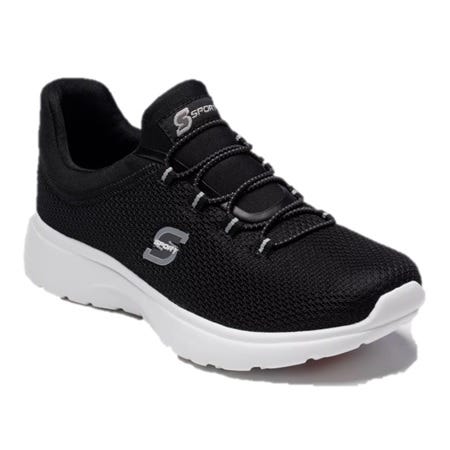 Black slip-on sneakers by S Sport by Skechers featuring a mesh upper, white sole, bungee-style laces, and logo detailing.