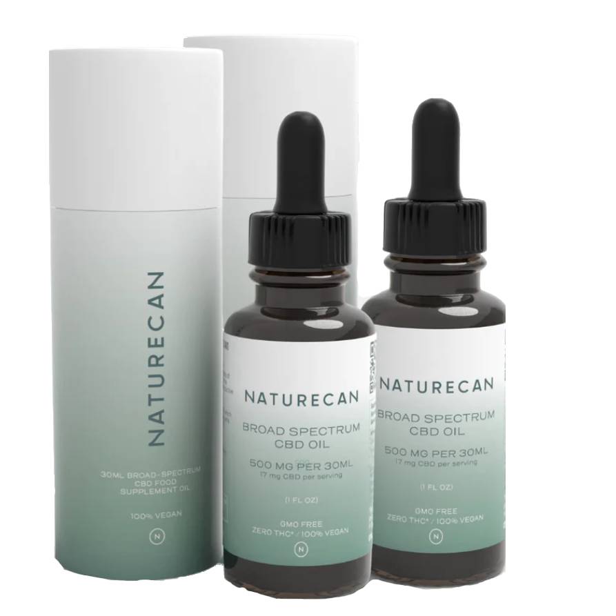 Naturecan Broad Spectrum CBD Oil, 30ml bottles with 500mg CBD per 30ml, labeled GMO-free, zero THC, 100% vegan.