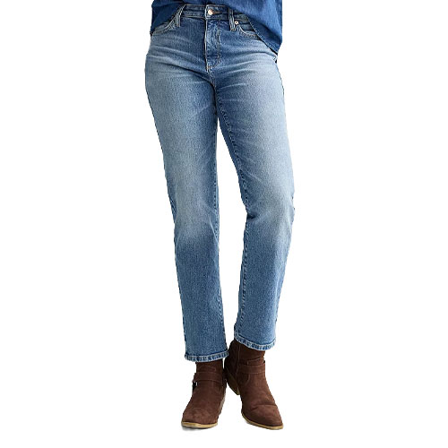 A person is wearing light blue straight-leg jeans paired with brown ankle boots.