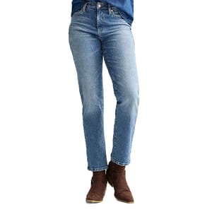 A person is wearing light blue straight-leg jeans paired with brown ankle boots.