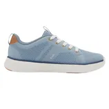 Light blue sneaker with a knit texture, white laces, a white sole, and tan accents on the heel.