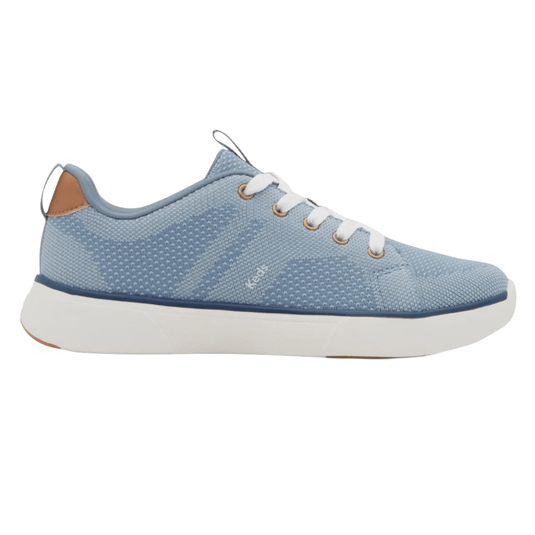Light blue sneaker with a knit texture, white laces, a white sole, and tan accents on the heel.
