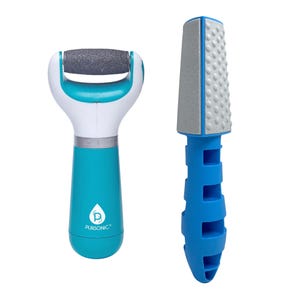 Callus Remover Kit includes a turquoise and white electric callus remover with a roller and a blue-handled foot rasp with a textured surface for smoothing rough skin.