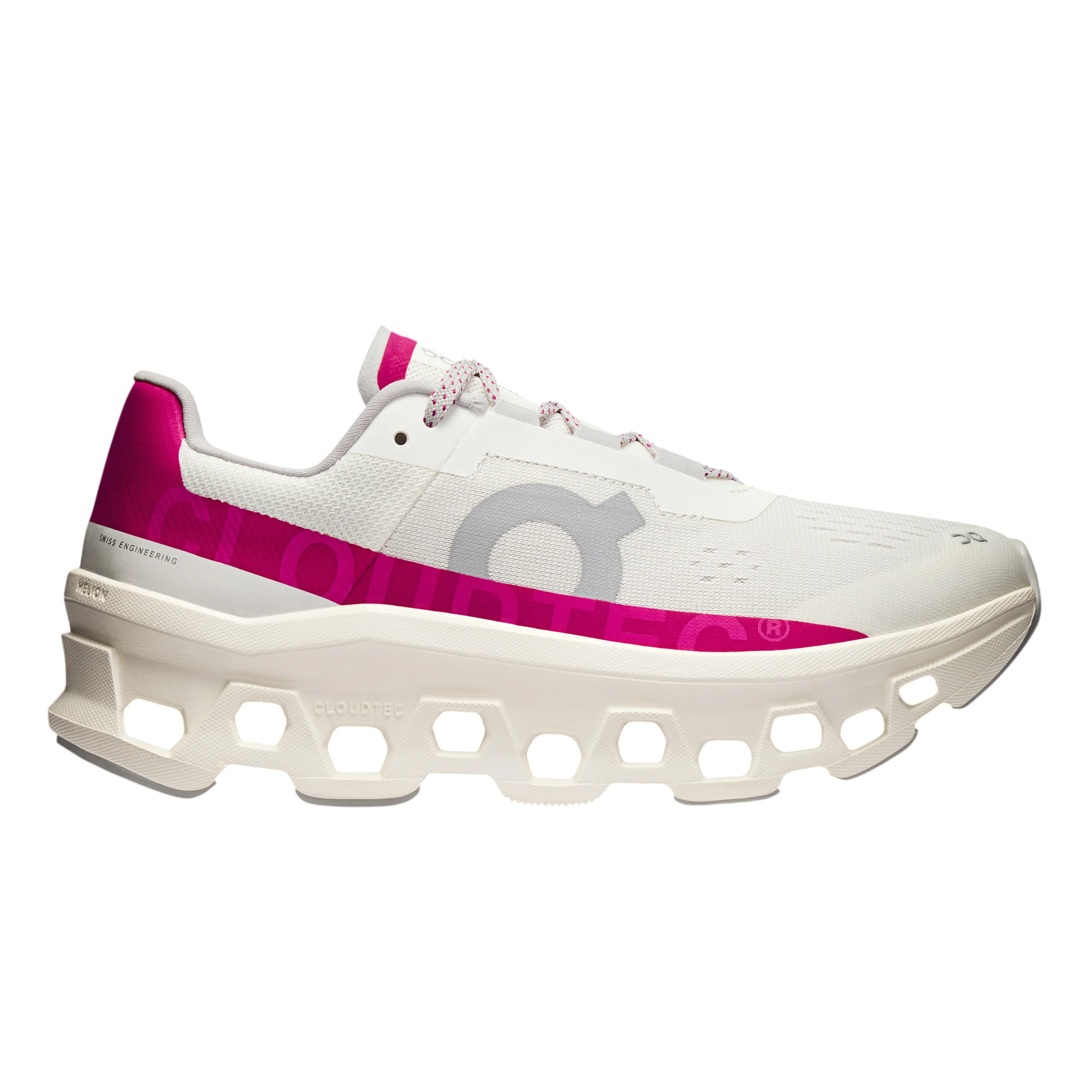 Athletic shoe with a white and pink design, featuring a distinctive hollow sole.