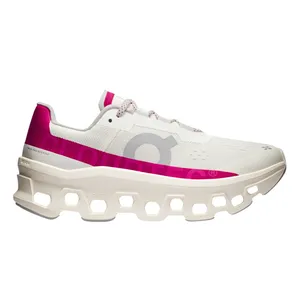 Athletic shoe with a white and pink design, featuring a distinctive hollow sole.