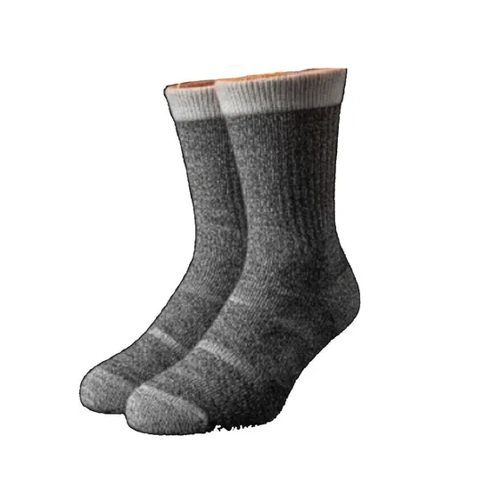 A pair of gray, ribbed wool socks with a lighter band at the top, designed for warmth and comfort.