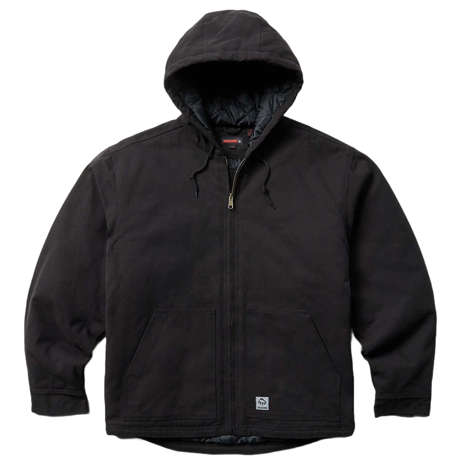 The Wolverine Grayson Insulated Jacket is a black, hooded jacket with a front zipper, drawstrings, and two front pockets. It features quilted lining for warmth and a small logo patch near the bottom.