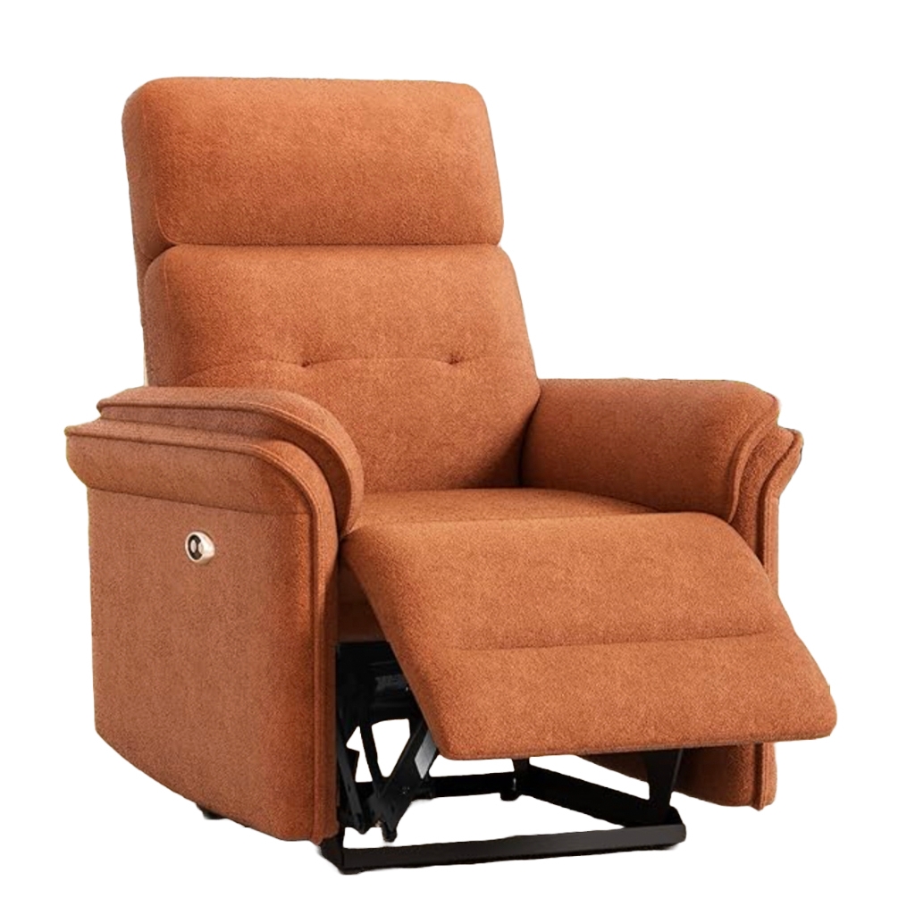 A brown upholstered recliner features a high back, padded armrests, and an extendable footrest. It includes a built-in USB port for device charging.