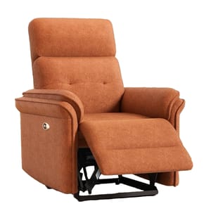 A brown upholstered recliner features a high back, padded armrests, and an extendable footrest. It includes a built-in USB port for device charging.