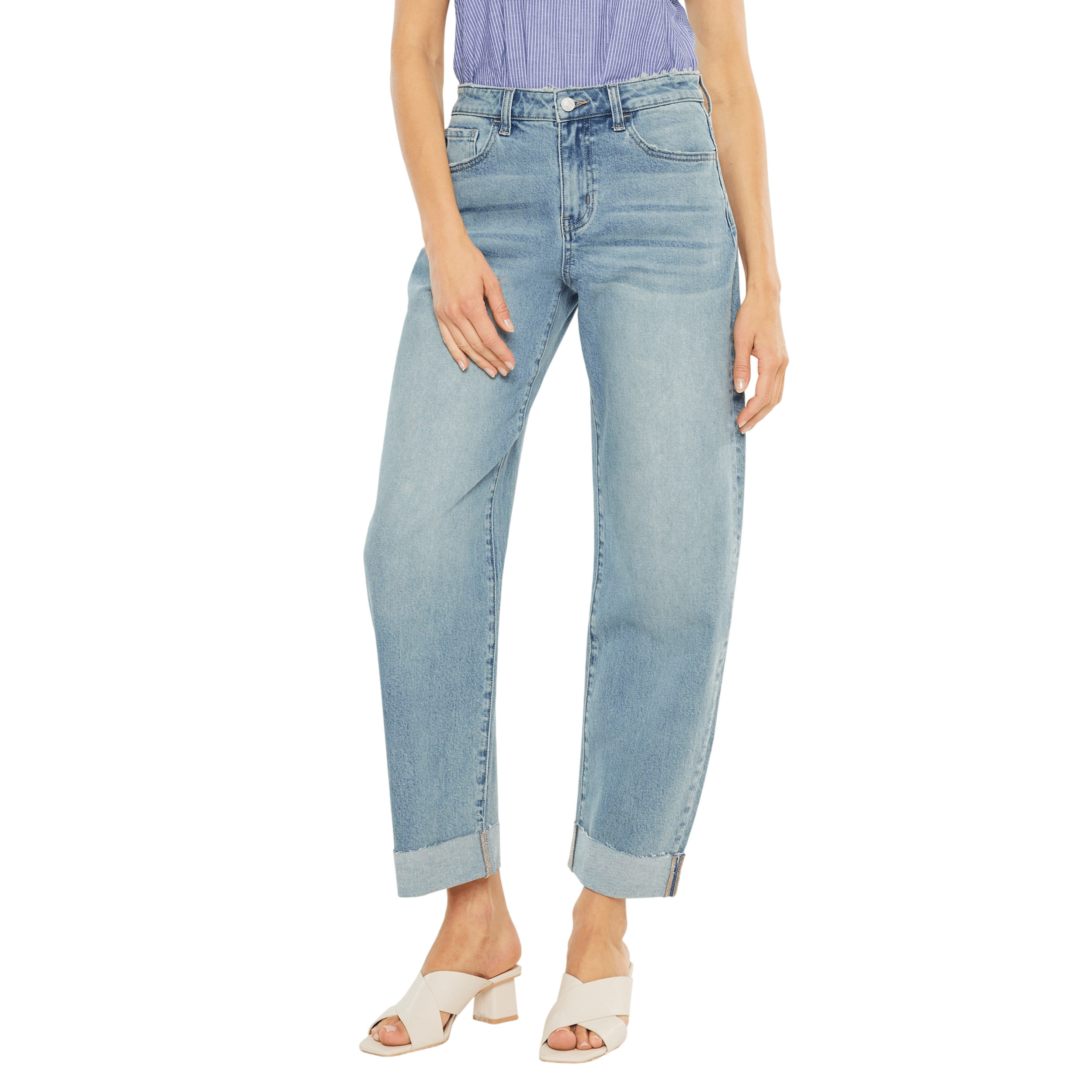 Light blue, cuffed, high-waisted straight-leg jeans paired with white heeled sandals and a blue-striped top.