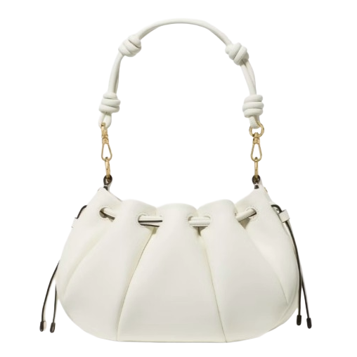 A white leather handbag with a gathered, ruched design featuring a detachable padded handle secured by metal hardware and adjustable drawstring closure.