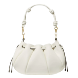 A white leather handbag with a gathered, ruched design featuring a detachable padded handle secured by metal hardware and adjustable drawstring closure.