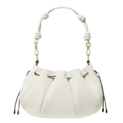 A white leather handbag with a gathered, ruched design featuring a detachable padded handle secured by metal hardware and adjustable drawstring closure.