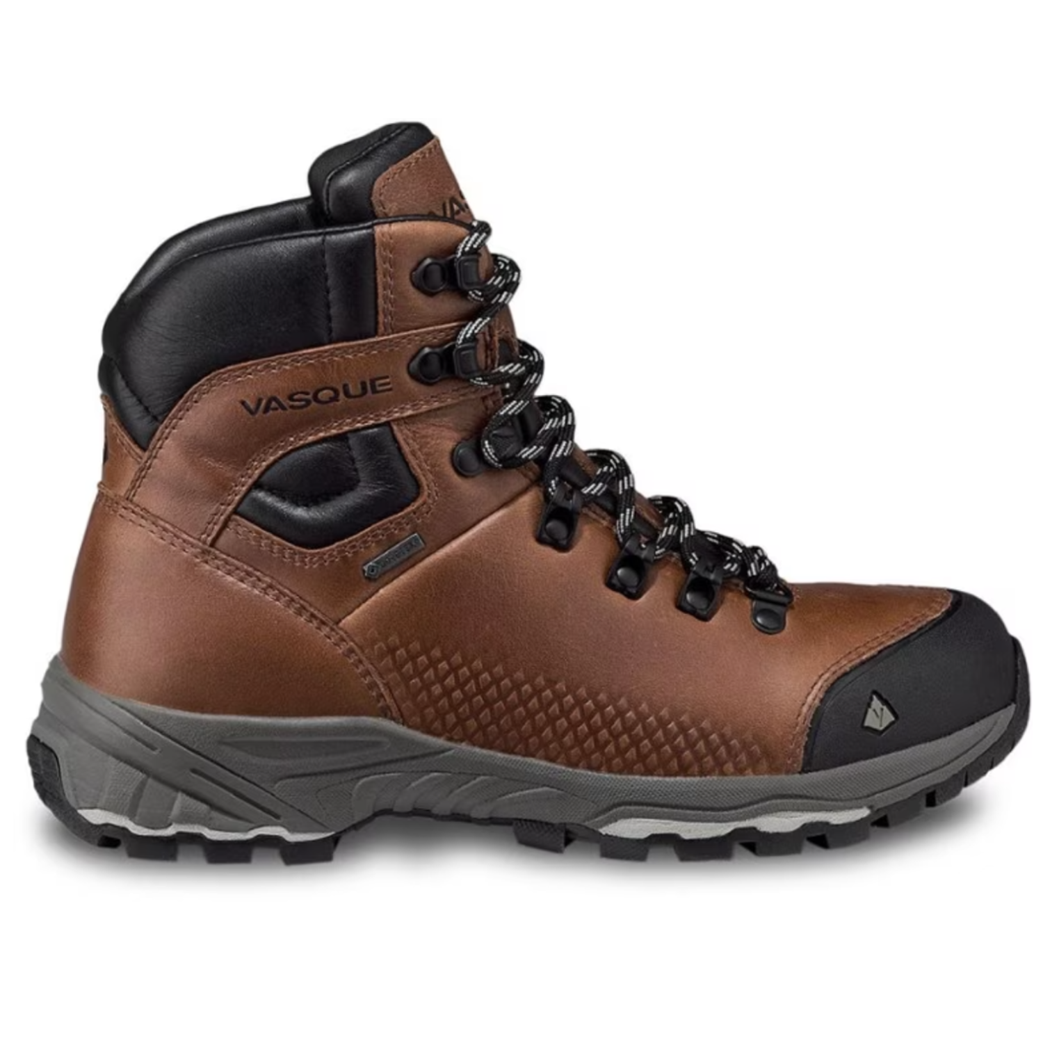 Brown leather hiking boots with black accents, featuring durable construction, a high ankle collar for support, and a rugged tread for traction. Includes lace-up design with robust eyelets and a branded Vasque logo.