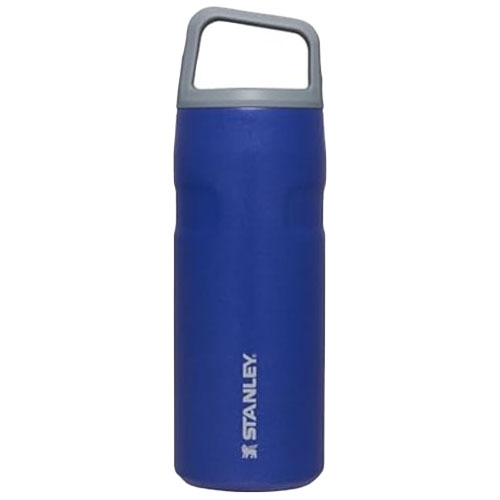 A blue, 16oz Stanley water bottle with a gray handle and vertical logo. It features a wide mouth for easy filling and cleaning.