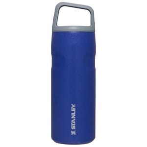 A blue, 16oz Stanley water bottle with a gray handle and vertical logo. It features a wide mouth for easy filling and cleaning.