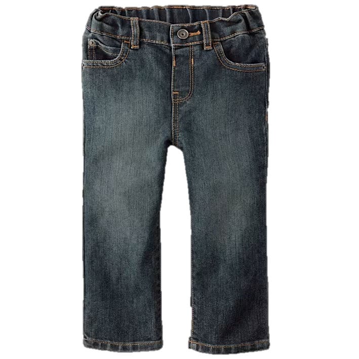 Dark wash denim jeans for toddlers with an elastic waistband and button closure, featuring a classic five-pocket design.