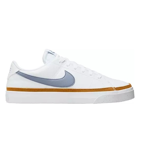 White sneaker with a light blue swoosh logo and a tan-colored sole.