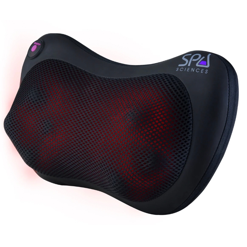 The Heated TAO Massage Pillow is a black, ergonomic cushion with a textured surface, featuring built-in massage nodes and a heating function to alleviate tension.