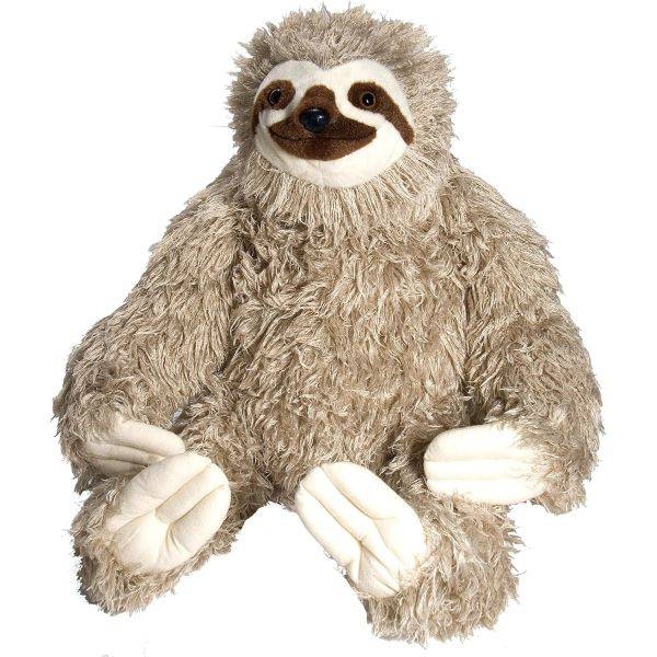A plush toy designed to resemble a sloth, featuring fluffy brown fur and white accents on its hands and face.