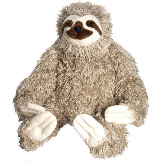 A plush toy designed to resemble a sloth, featuring fluffy brown fur and white accents on its hands and face.