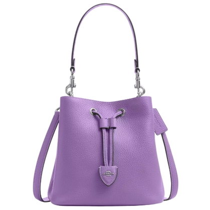 Lilac leather bucket bag with a drawstring closure, featuring silver hardware and both a top handle and a detachable shoulder strap.
