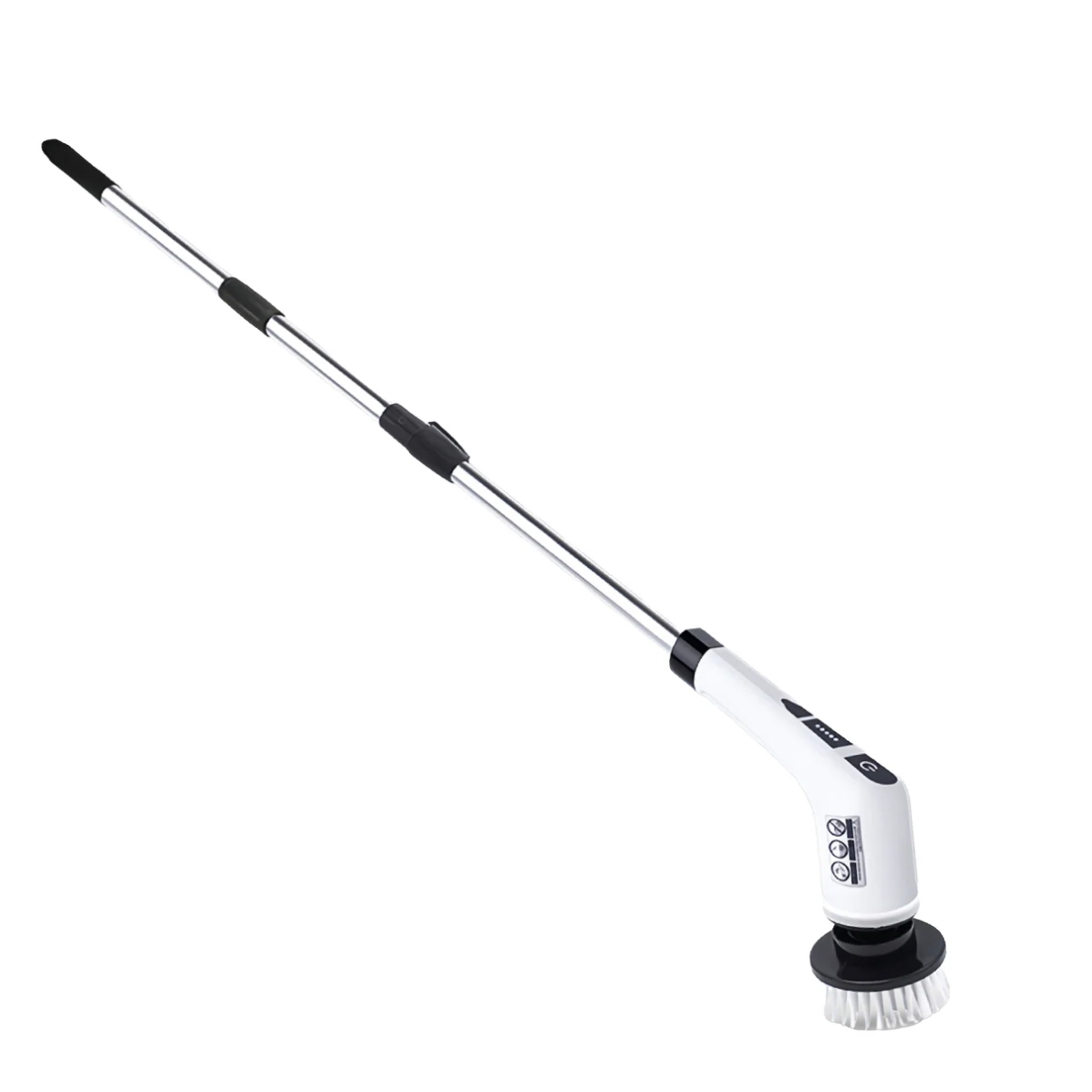 Cordless power scrubber with an extended handle, black and white design, and a rotating brush head for cleaning. Ideal for reaching high or hard-to-access areas.