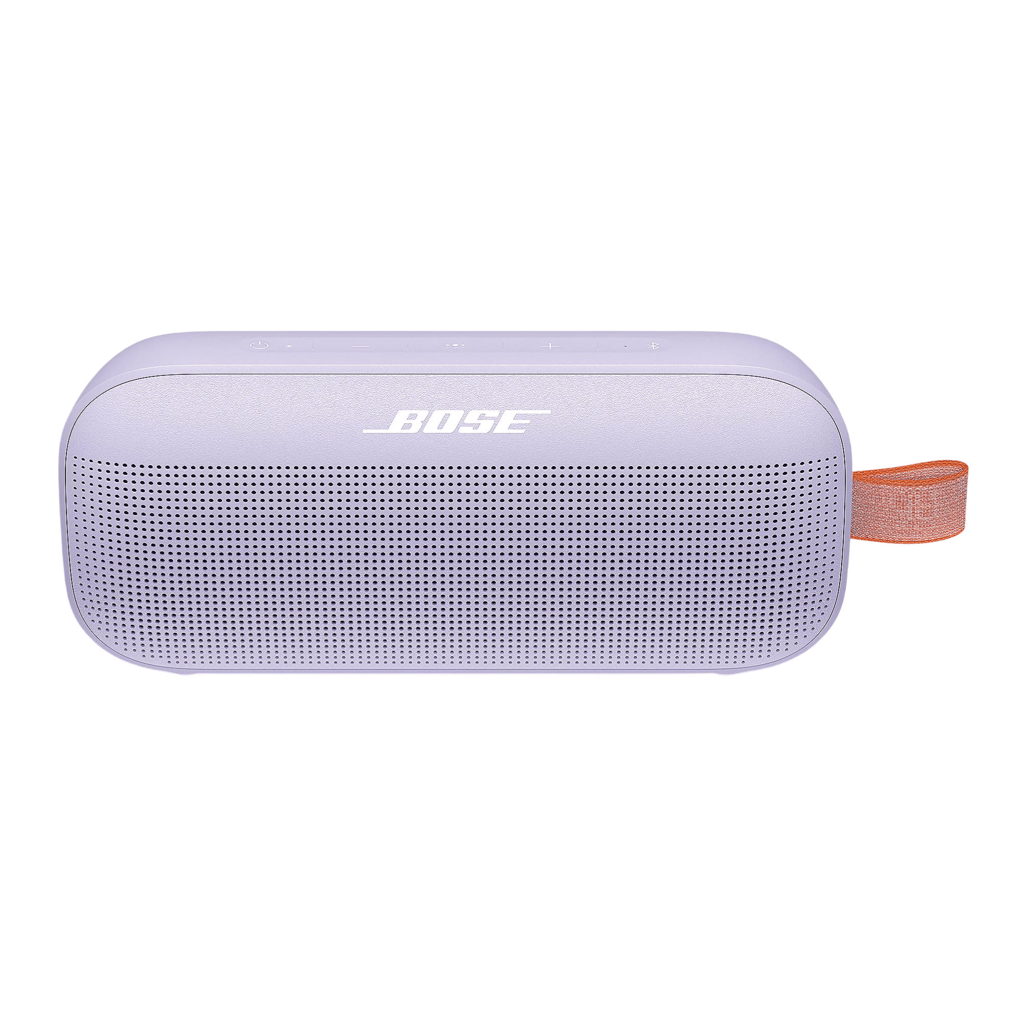 A Bose portable Bluetooth speaker in a light purple color with an orange strap, featuring a sleek design with logo branding.