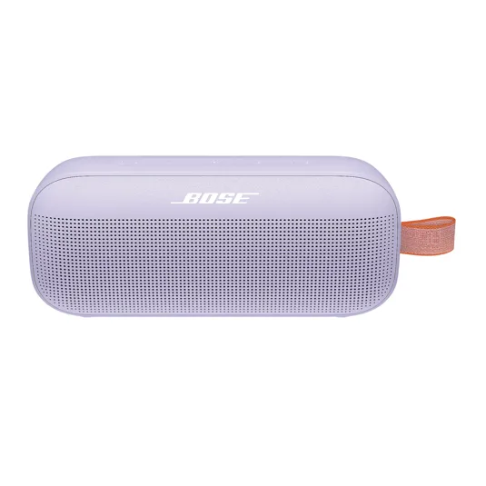 A Bose portable Bluetooth speaker in a light purple color with an orange strap, featuring a sleek design with logo branding.