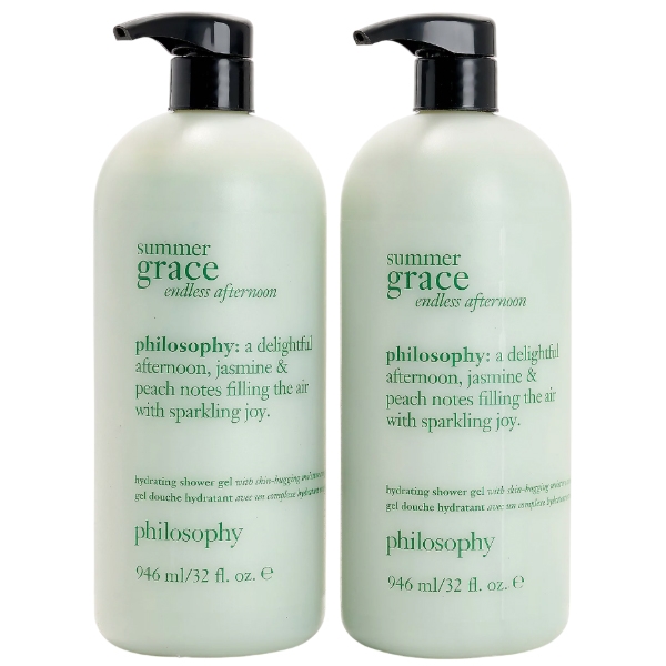 2-pack of Philosophy Summer Grace Endless Afternoon hydrating shower gel, 32 fl. oz. each, featuring jasmine and peach notes.