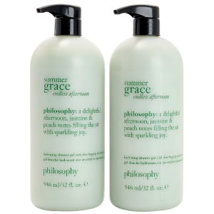 2-pack of Philosophy Summer Grace Endless Afternoon hydrating shower gel, 32 fl. oz. each, featuring jasmine and peach notes.