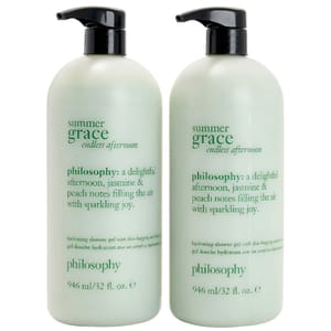 2-pack of Philosophy Summer Grace Endless Afternoon hydrating shower gel, 32 fl. oz. each, featuring jasmine and peach notes.