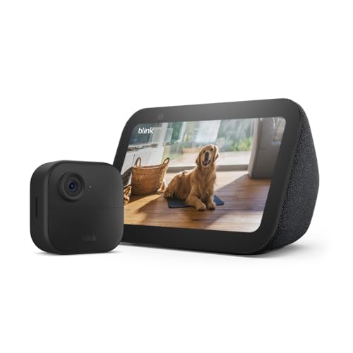 A compact, black Blink Outdoor security camera is shown next to the Echo Show 5, a smart display with a 5.5-inch screen featuring a live feed of a dog inside a home.