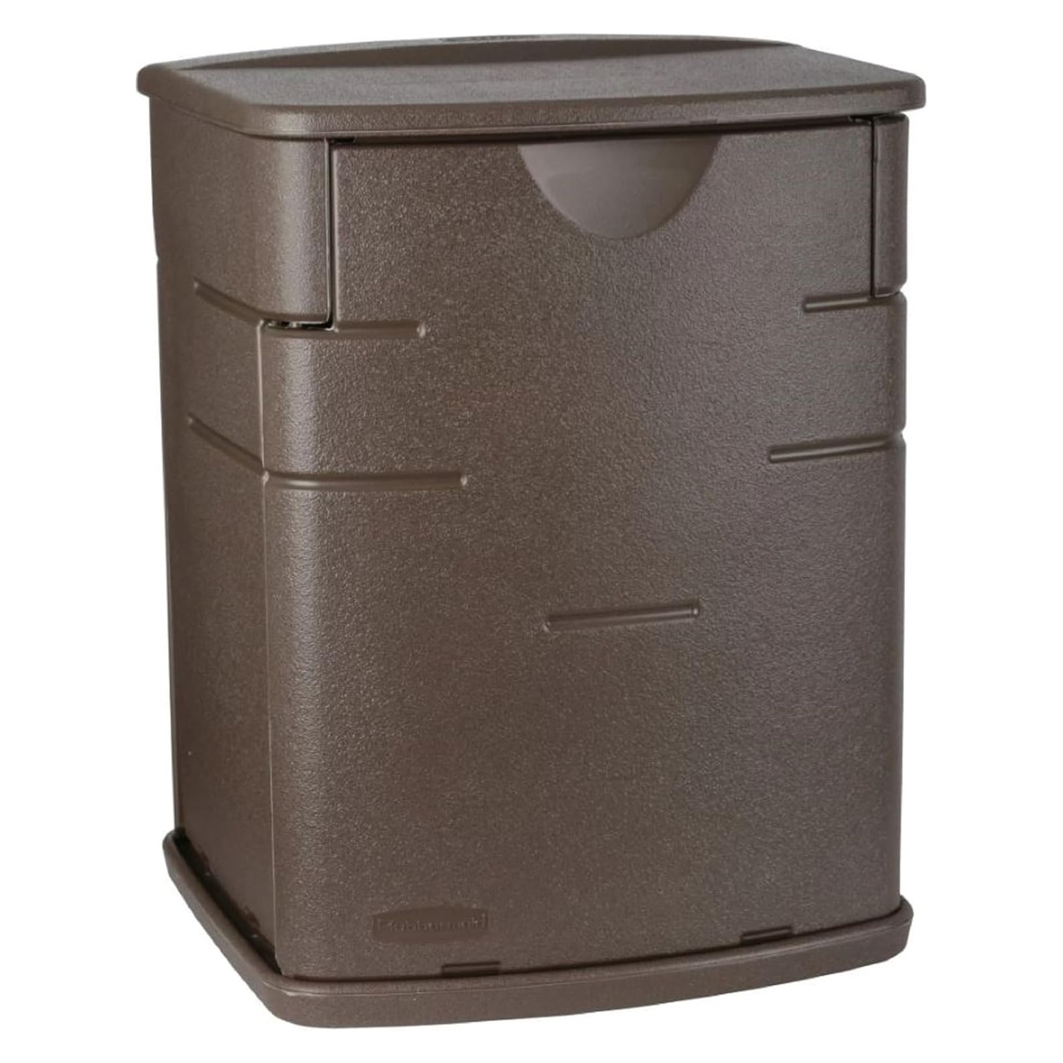 A brown Rubbermaid deck box with a sleek, rectangular design, featuring a curved lid and textured surface for outdoor storage.