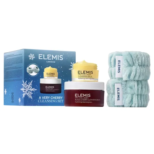 ELEMIS A Very Cherry Cleansing Set includes a Pro-Collagen Cleansing Balm, a Pro-Collagen Black Cherry Cleansing Balm, and two light blue cleansing cloths.