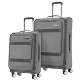 Two gray soft-shell suitcases with telescopic handles and four dual wheels each, designed for easy rolling and maneuverability.