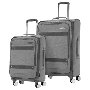 Two gray soft-shell suitcases with telescopic handles and four dual wheels each, designed for easy rolling and maneuverability.